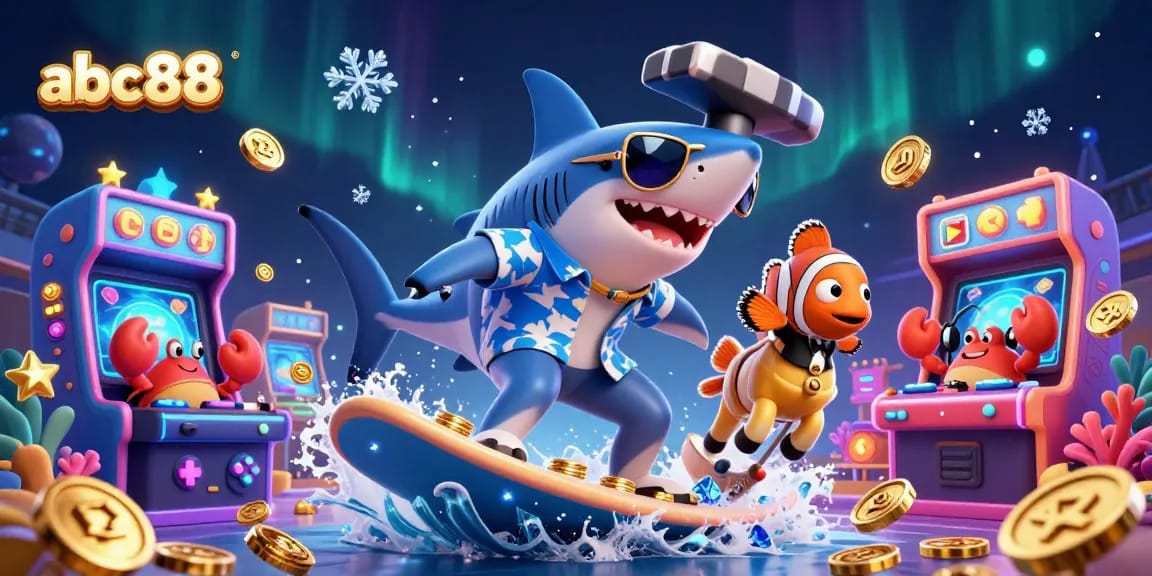 Engage with abc88's thrilling casino experience featuring a surfing shark, seahorse, and coral DJ.
