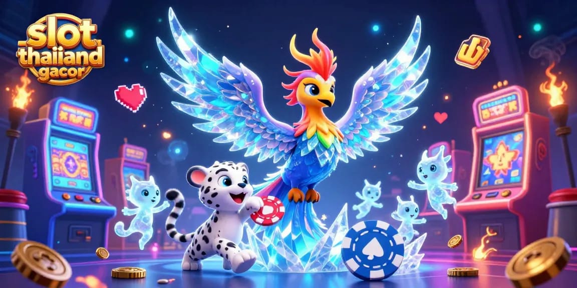 Engage with slot thailand gacor through a vibrant 3D illustration featuring an ice phoenix and animated characters amidst dynamic casino elements.