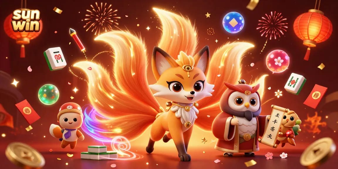 Engage with sun win's vibrant casino experience featuring a colorful fox spirit and floating game elements.