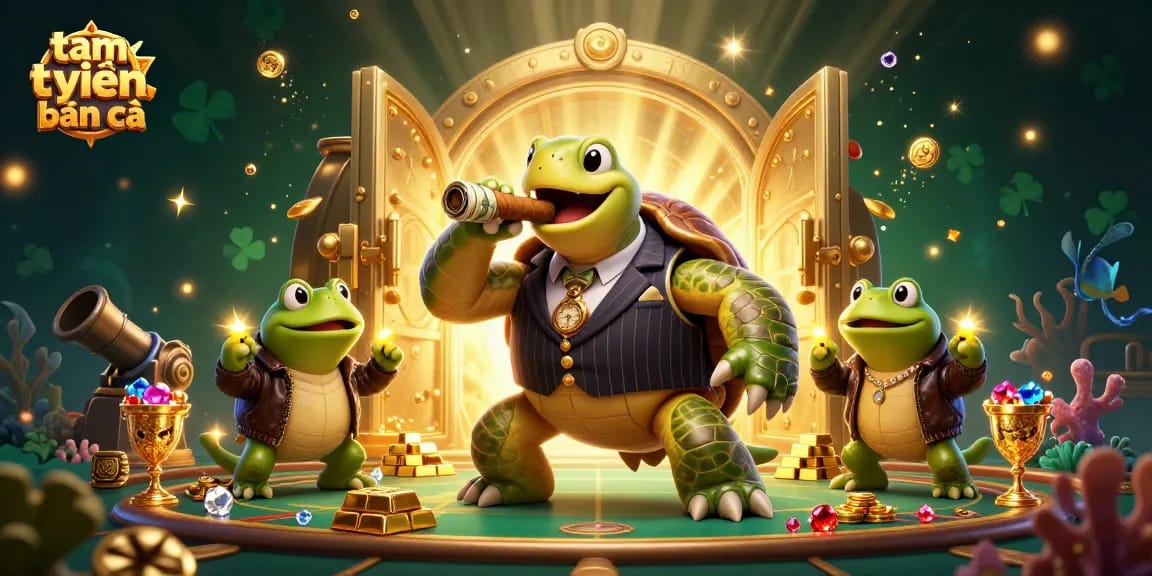 Experience the excitement in tam tiên bắn cá with a vibrant 3D cartoon scene featuring a turtle mobster and underwater elements.