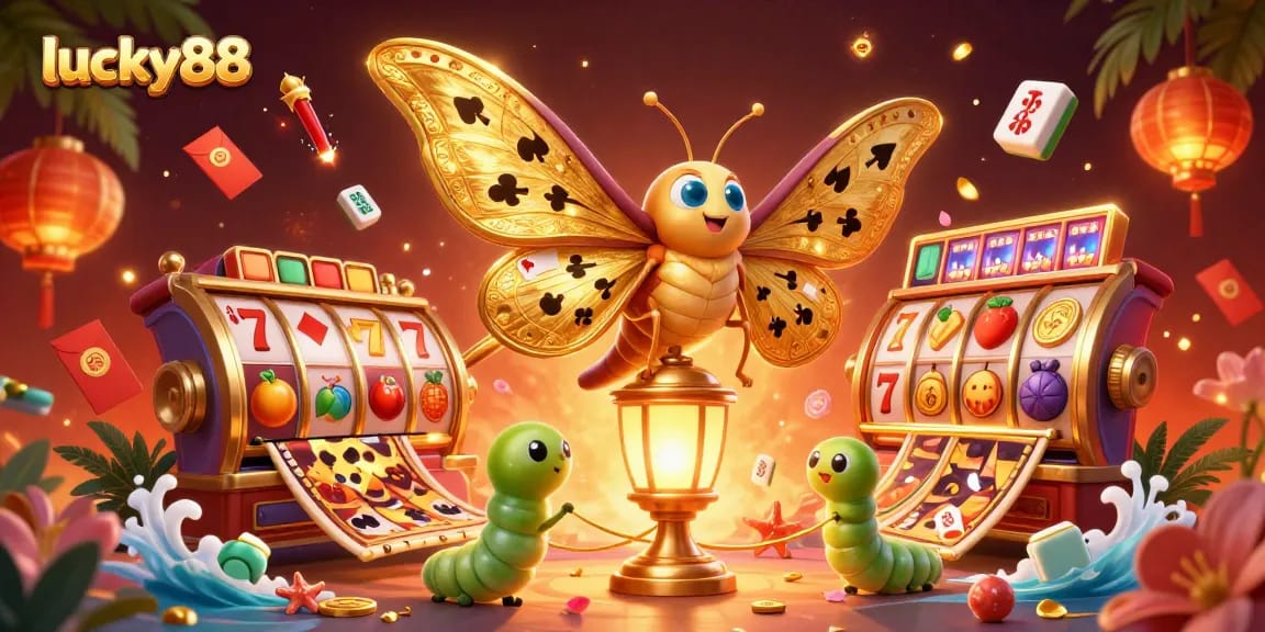 Experience lively gameplay with lucky88 featuring vibrant slot reels and a majestic moth.