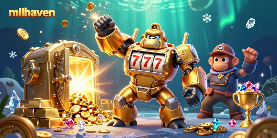 Spin to win at milhaven with a golden gorilla mech and treasure bursting from its vault!