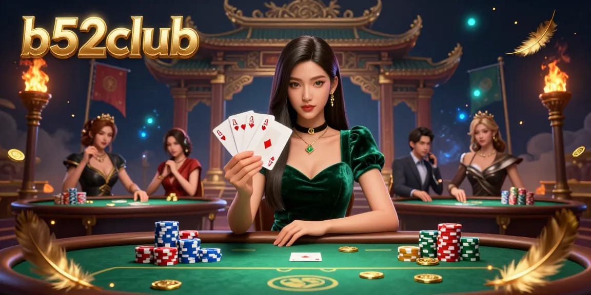 B52club poker scene with a beautiful Asian woman strategizing her hand at a luxurious table amidst dynamic gaming elements.