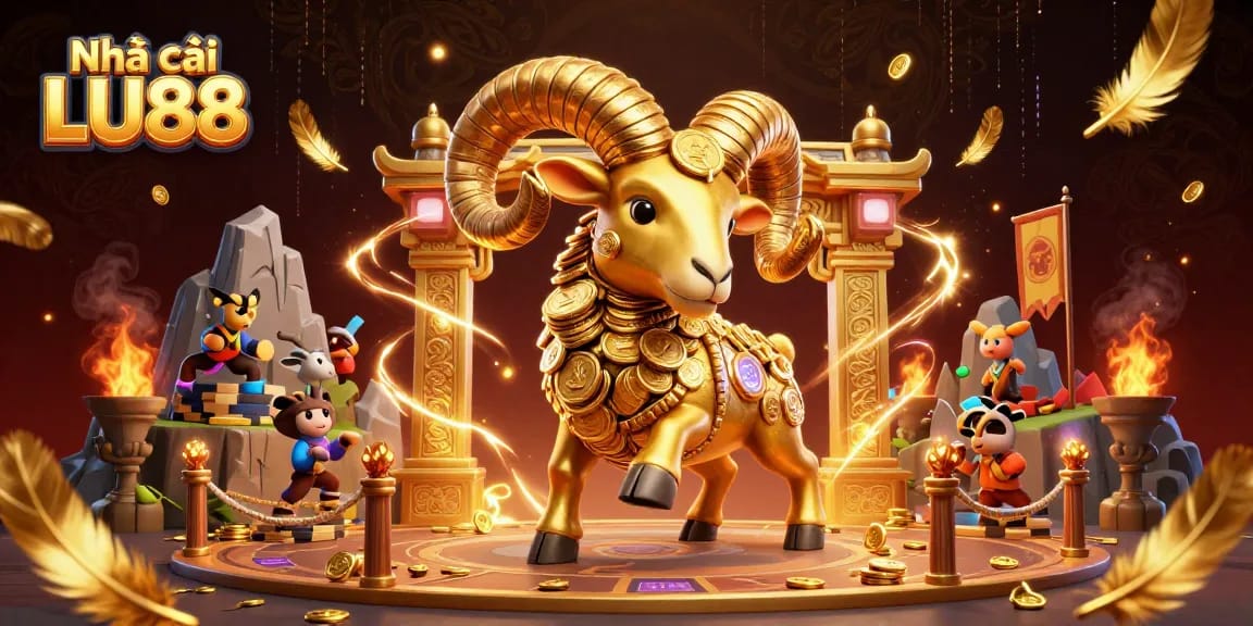 Engage with Nhà cái LU88 as a golden ram charges through a dynamic casino scene full of excitement.