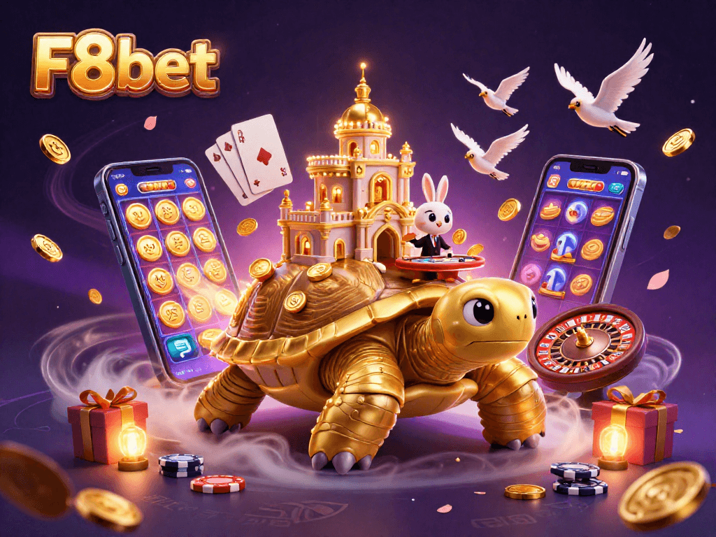 F8bet showcases a golden tortoise casino scene with a rabbit dealer, vibrant and rich in detail.