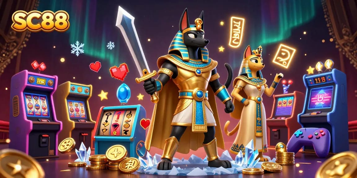 Join Anubis and Bastet in SC88's ultimate gaming showdown with vibrant casino elements.