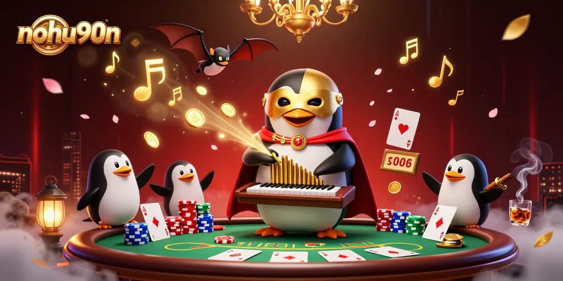 Nohu90n offers exciting gambling with a 3D cartoon penguin and lavish casino elements, celebrating big wins