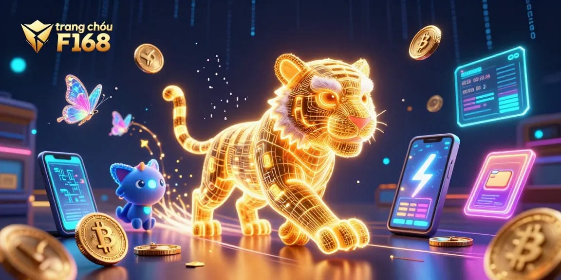 Engage with the vibrant digital atmosphere at trang chủ F168, featuring neon tiger and cryptocurrency elements.