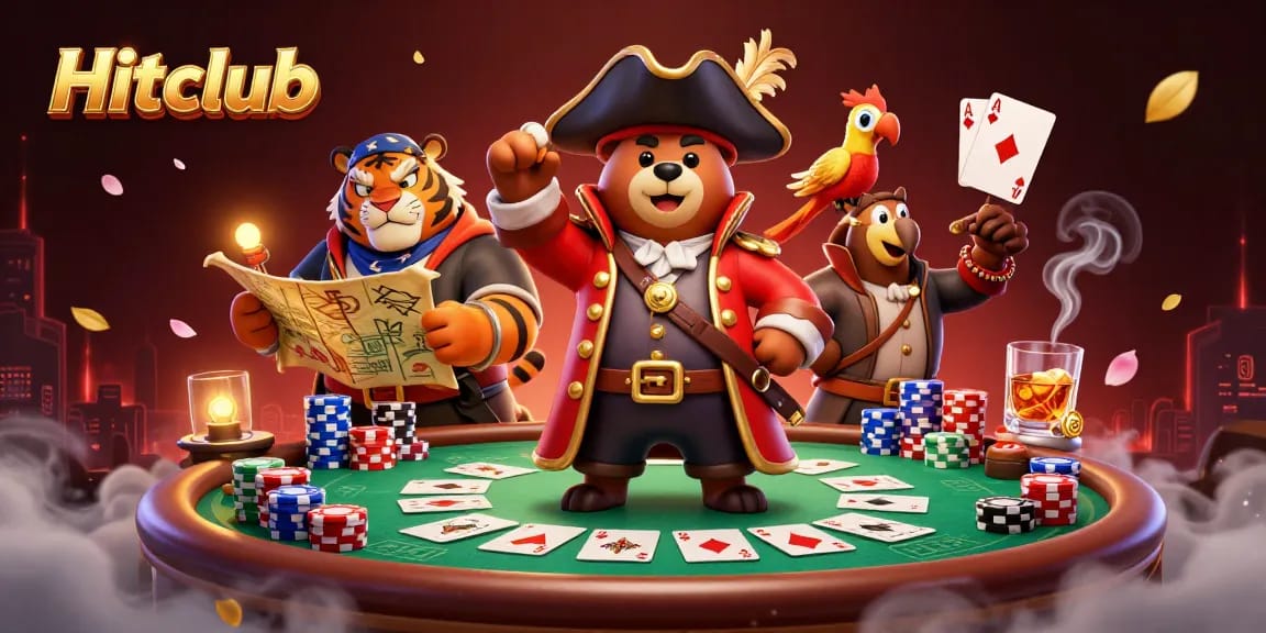 Hitclub's vibrant gaming scene showcases a 3D cartoon pirate captain engaging players at a dynamic poker table.