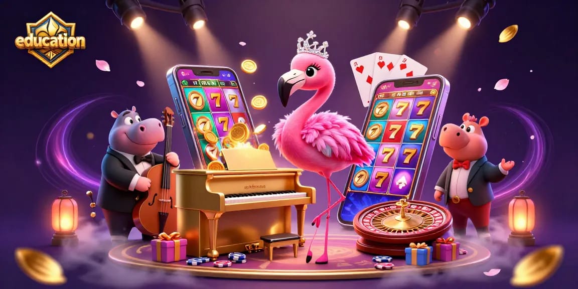 Engage in education through a vibrant casino scene with a flamingo singer, showcasing winning slot games.