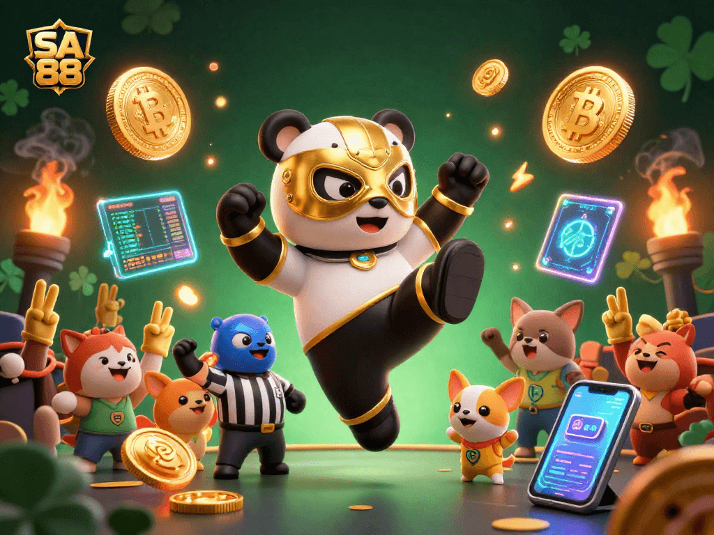 Engage with SA 88's thrilling betting action, featuring vibrant 3D panda wrestler and crypto elements.