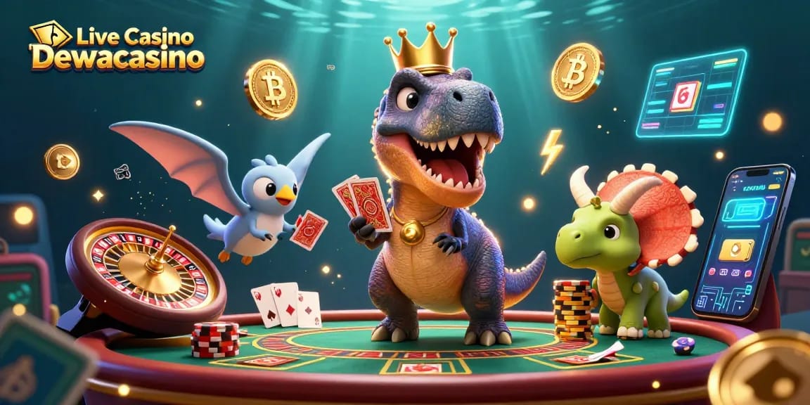 Engage in Live Casino Dewacasino as a T-Rex and friends enjoy games and crypto excitement in a vibrant scene.