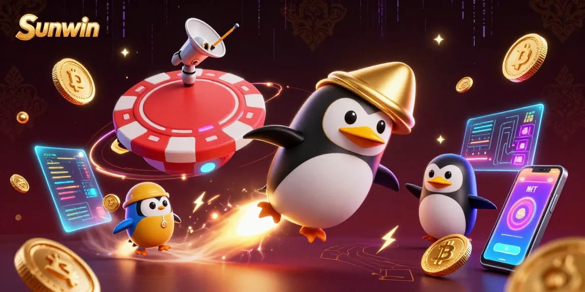 Spin the reels at Sunwin with a golden penguin soaring towards a jackpot!
