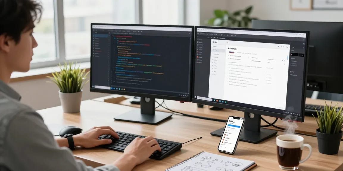 Developer immersed in 纸飞机中文版 project, working at a high-tech office desk with monitors and coffee.