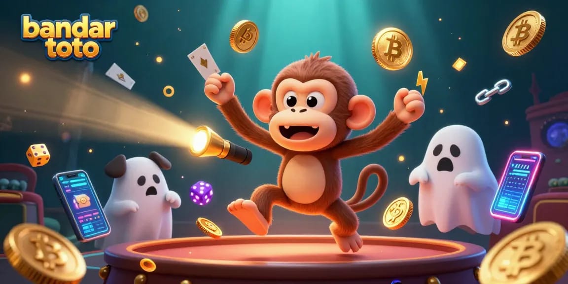 Join the excitement at bandar toto with glowing coins and lively characters in a dynamic casino scene.