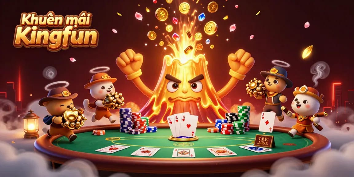 Engaging scene showcasing Khuyến mãi Kingfun with a golden volcano releasing treasures amidst an exciting poker game.