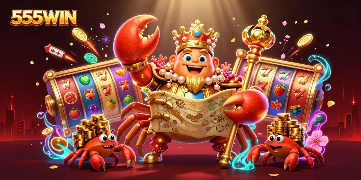 Experience thrilling wins with 555WIN as the golden crab emperor oversees stunning slot reels.