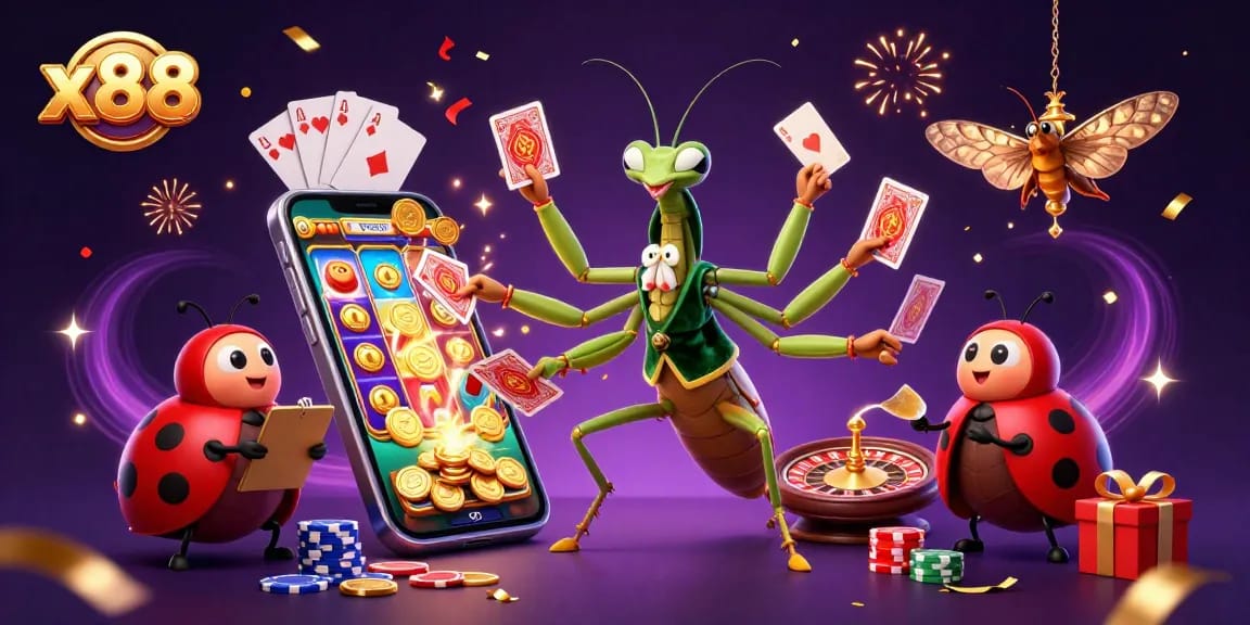 x88 players engaging in vibrant casino action surrounded by colorful slot games and festive decorations.