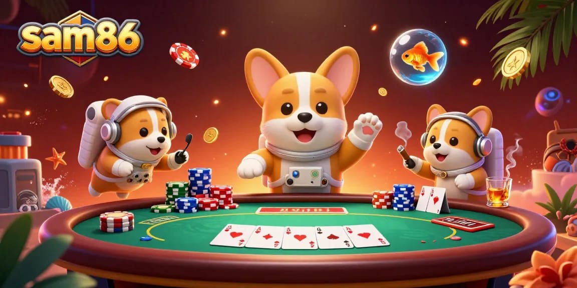 Experience exciting gaming at sam86 with drifting poker chips, floating astronauts, and dynamic casino elements