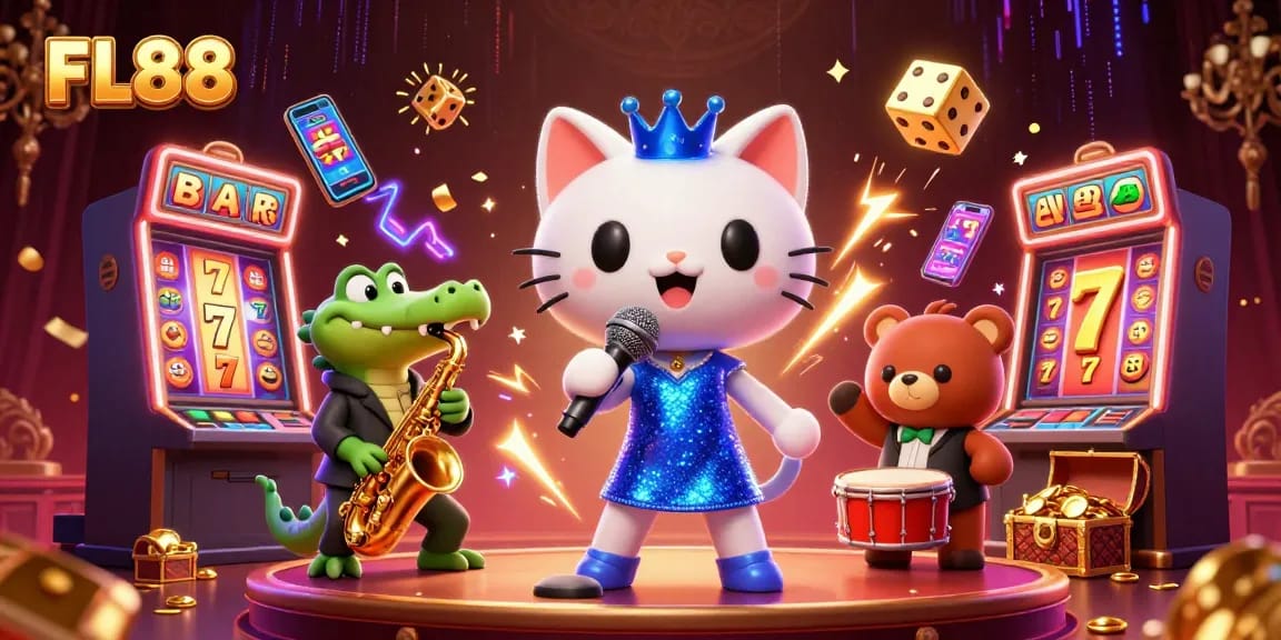 FL88 captivates players with a vibrant 3D casino illustration featuring lively characters and exciting game elements.