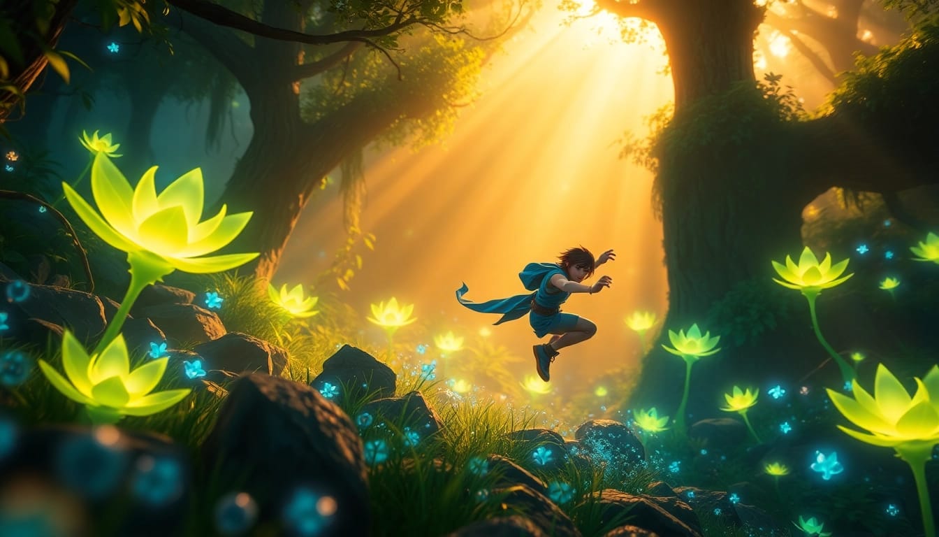 Experience the thrill of yono game as the character navigates a magical forest.