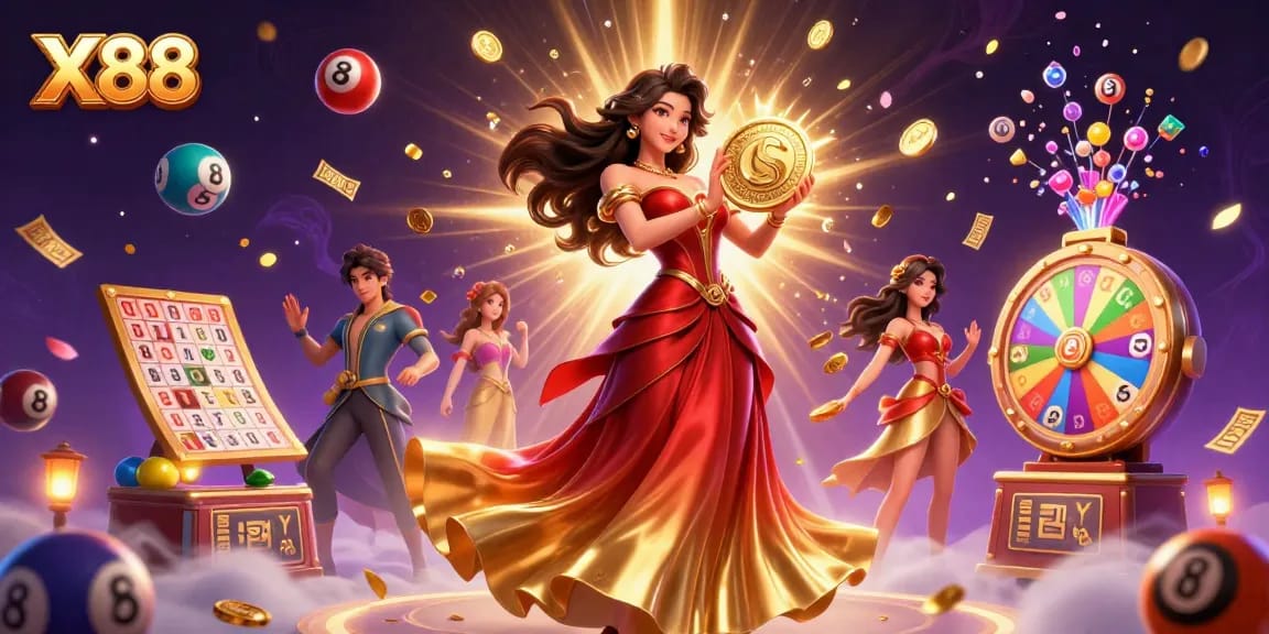 X88 offers an exciting gaming experience with vibrant casino elements and dynamic visuals, showcasing excitement.