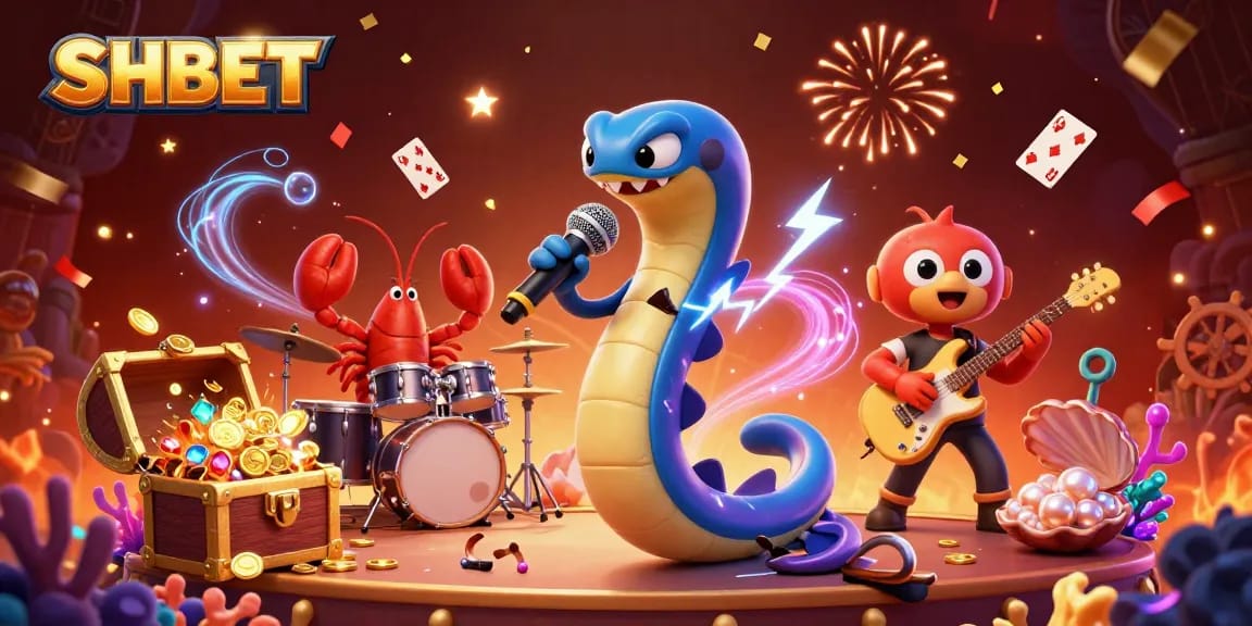 Dynamic underwater casino scene showcasing SHBET with electric eel DJing surrounded by vibrant gaming elements.