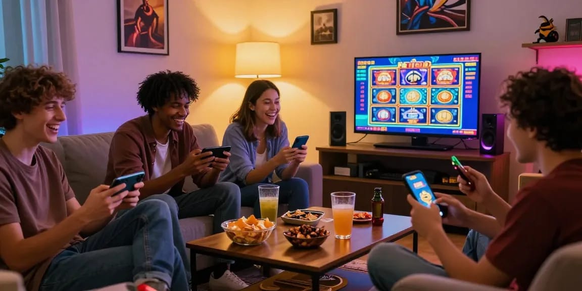 Engaged friends playing slot games in cozy living room, enjoying depo pulsa 10k tanpa potongan experience together.