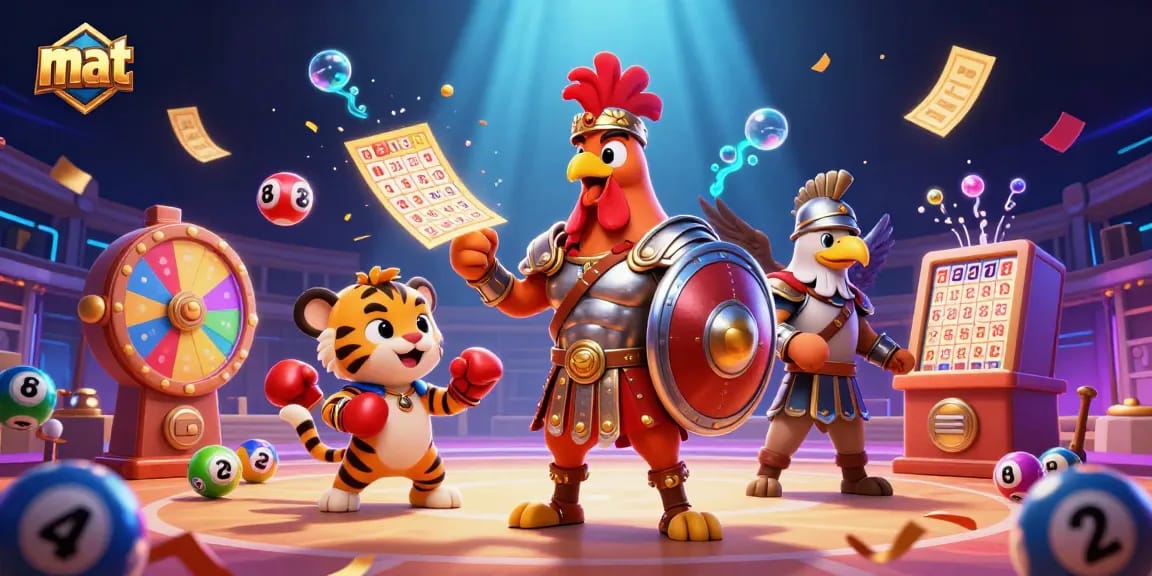 Engage in thrilling action with mat's vibrant lottery-themed 3D cartoon scene featuring dynamic game elements.