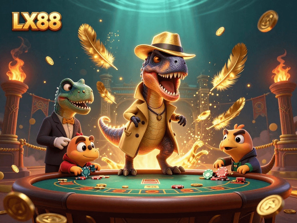 Experience thrilling gameplay at LX88 with a velociraptor card counter at a blackjack table.