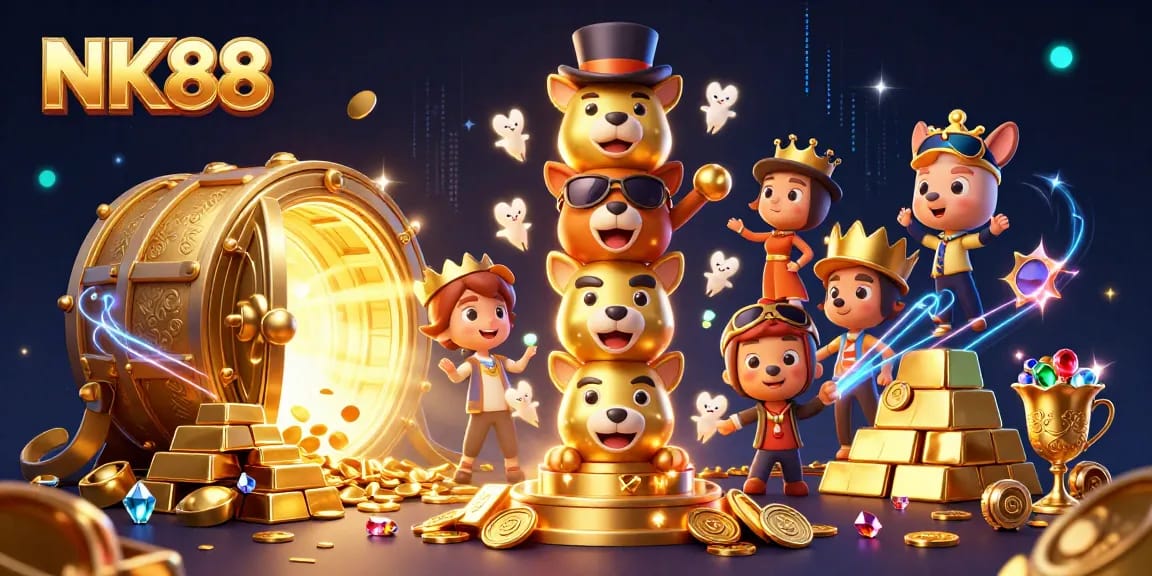 Experience excitement with NK88's vibrant casino scene featuring animated totem and treasure.