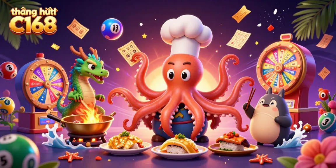 Play and win with thương hiệu C168 in this vibrant casino-themed illustration showcasing lottery fun.