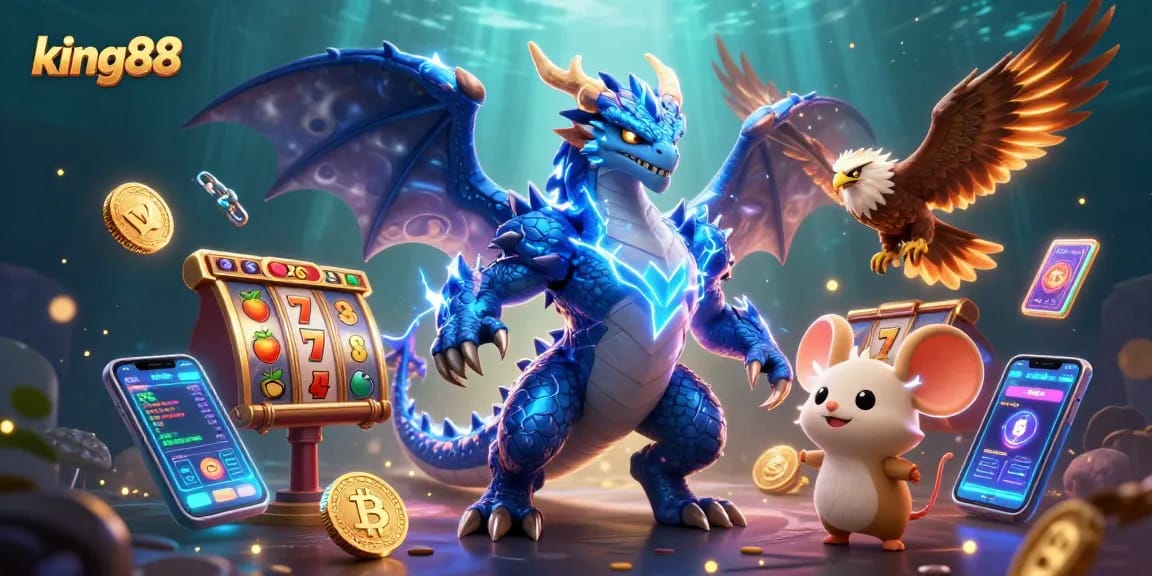 Join the excitement at king88 with colorful slot reels accompanied by vibrant casino characters!
