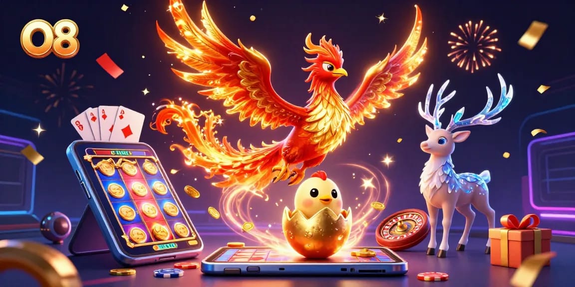 Experience excitement at O8 while winning big with colorful slot games and celebratory elements.