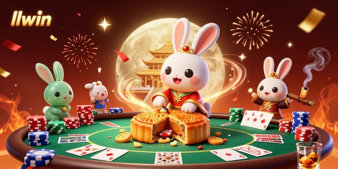 llwin offers an exciting 3D casino scene with cartoon moon rabbits playing poker with vibrant visuals.