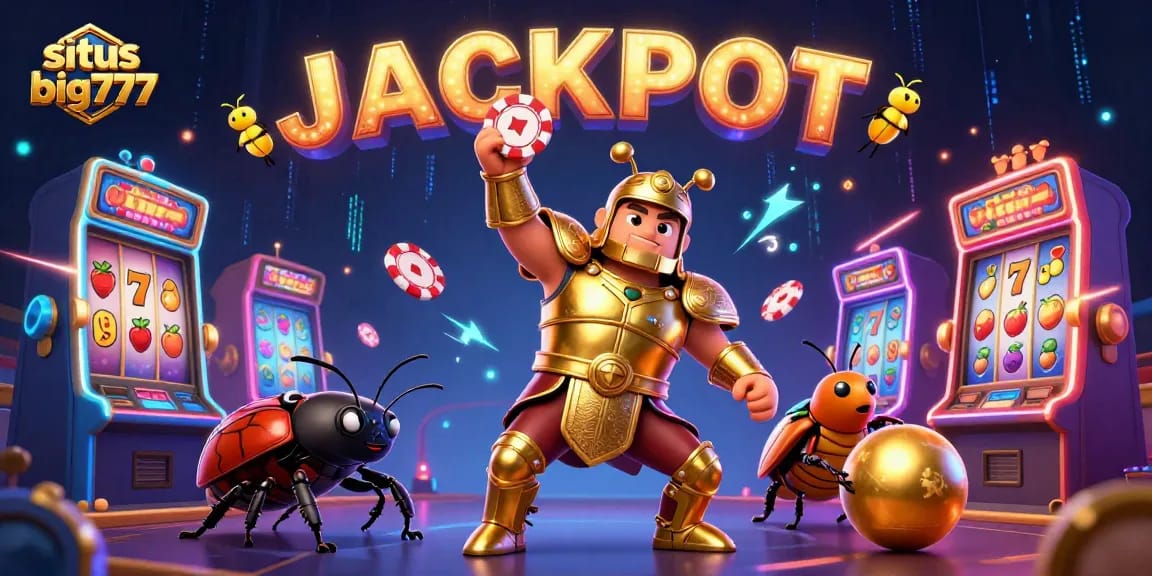 Engage in excitement with situs big777 as cartoon characters celebrate a jackpot win amidst vibrant slot machines.