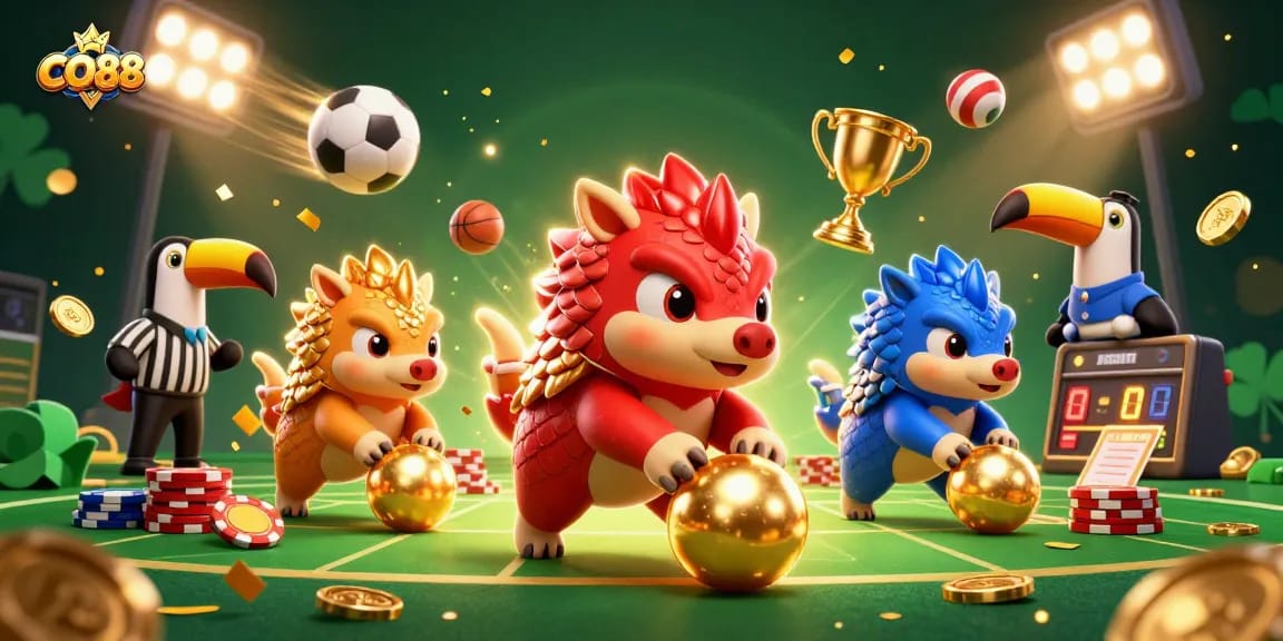 Experience excitement at CO88 with rival pangolins competing in a vibrant casino scene.