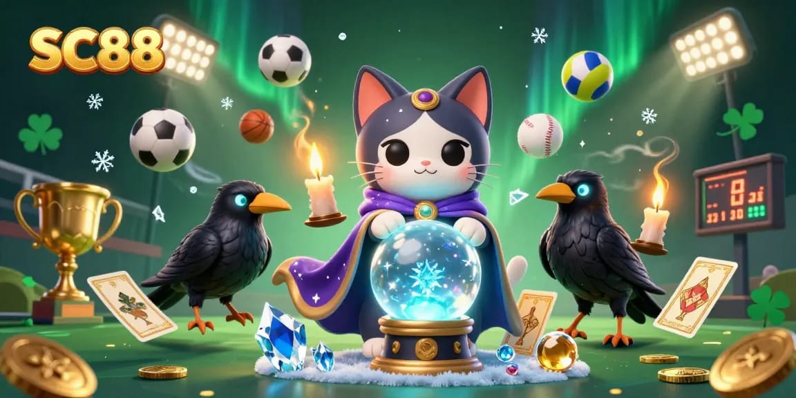 Join SC88 to experience thrilling wins with a mystical fortune teller cat and a raven among dynamic sports betting elements.