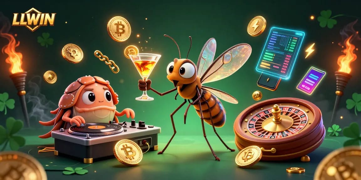 Experience the thrill of LLWIN with a crypto-themed casino scene featuring a lively mascot and dynamic elements.
