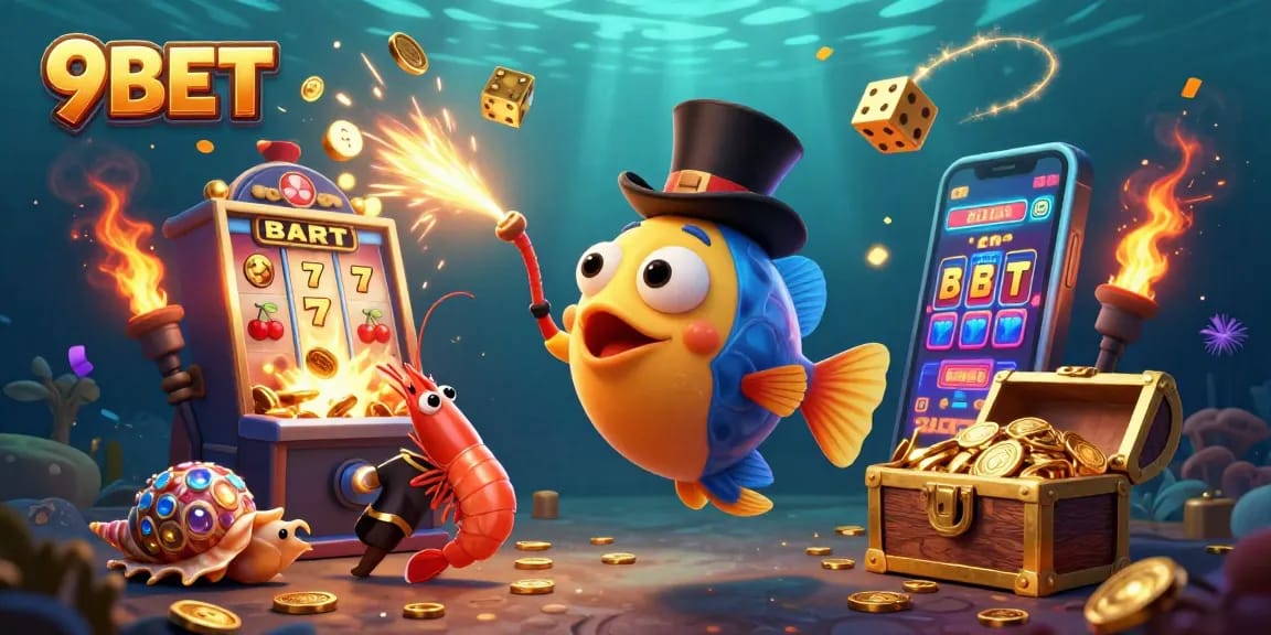 Engage with exciting 9BET slot games and treasure-filled adventures in this vibrant casino illustration