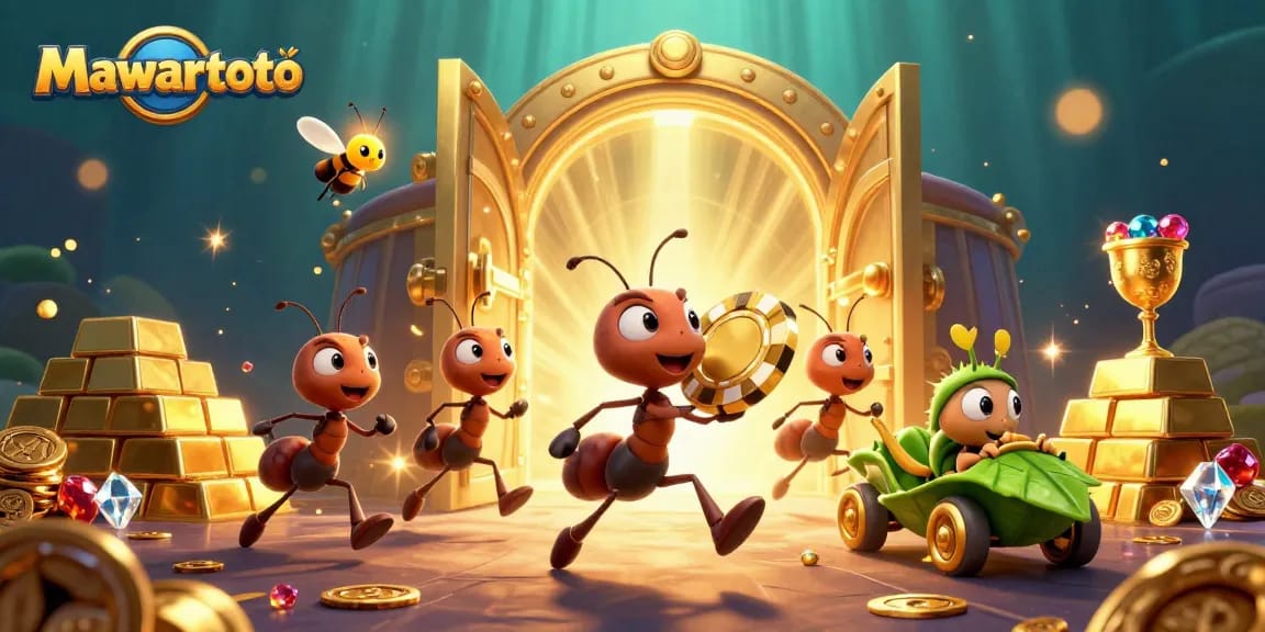 Ants on a heist carrying a giant chip for Mawartoto in a treasure vault atmosphere.