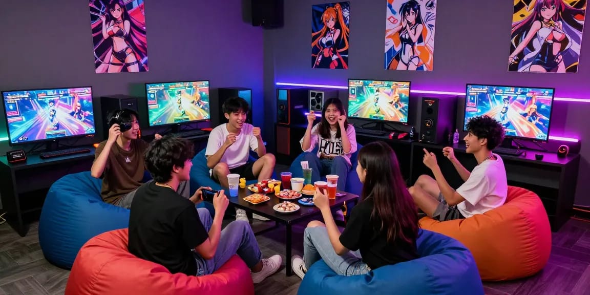 Group enjoying real ecchi games in a vibrant gaming lounge with lively atmosphere and screens displaying gameplay.