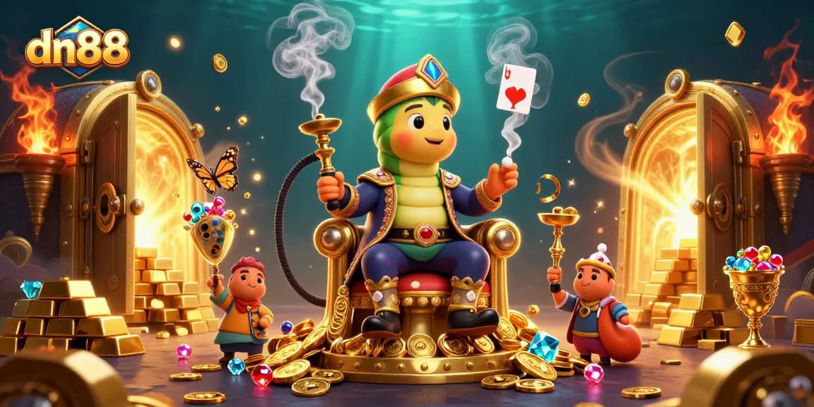 Experience winning moments at dn88 with a vibrant casino scene featuring enchanting characters and golden treasures.