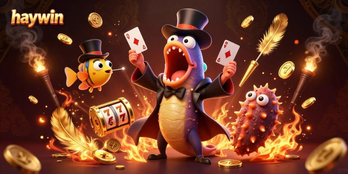 Engage with the vibrant world of haywin, where a bioluminescent gulper eel performs magic card tricks in a bustling casino.