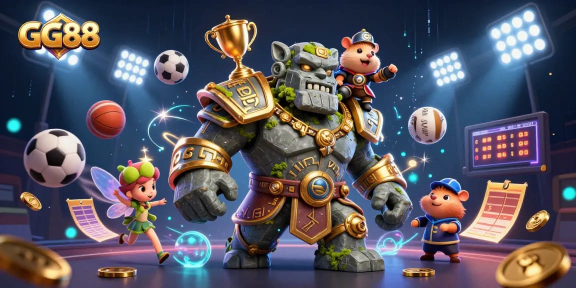 Experience the excitement of GG88 with magical characters and dynamic sports gambling elements in a vibrant casino scene.