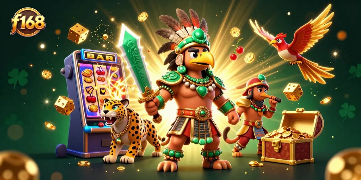 Experience the excitement of f168 gaming with 3D characters amidst a vibrant slot machine burst and gold coins.