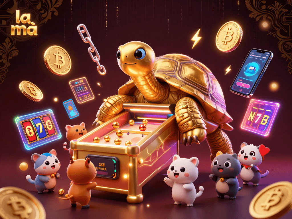Engage with la mã's thrilling slots featuring a colossal golden tortoise amid vibrant crypto elements.