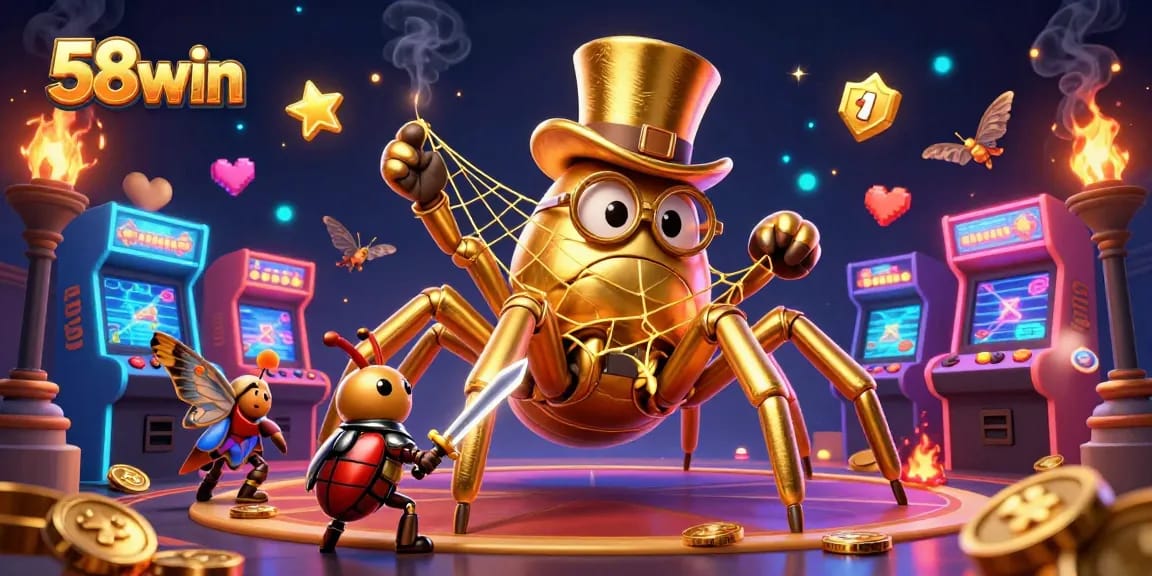 58win showcases a dynamic scene with a golden tarantula and beetle knight amid vibrant casino elements.