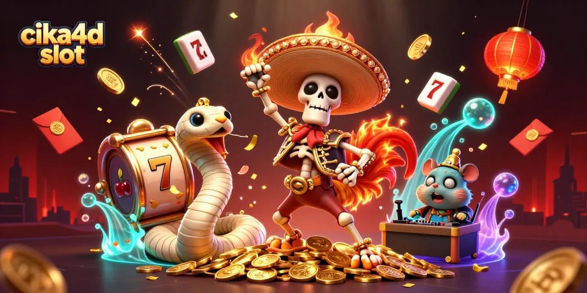 Engage in thrilling cika4d slot action with festive characters celebrating big wins amidst dynamic casino elements.