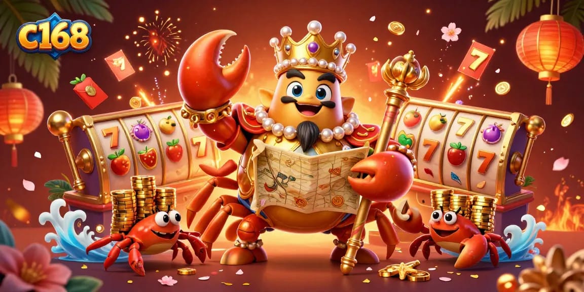 Engage in thrilling action with c168's golden crab emperor overseeing vibrant slot gameplay.